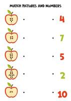 bij elkaar passen schattig tekenfilm appel helften en nummers. leerzaam wiskunde spel voor kinderen. vector