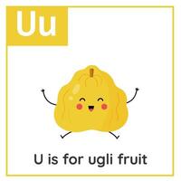 fruit en groente alfabet geheugenkaart voor kinderen. aan het leren brief u. u is voor ugli fruit. vector