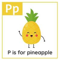 fruit en groente alfabet geheugenkaart voor kinderen. aan het leren brief p. p is voor ananas. vector