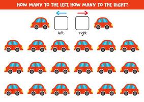 links of Rechtsaf met schattig tekenfilm rood speelgoed- auto. logisch werkblad voor kleuters. vector