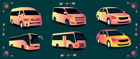 auto's van verschillend types van illustraties reeks kant visie van de bus, sedan, minibus, micro, mini micro vector