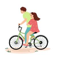 jongen en meisje rijden een fiets samen. gelukkig jongen ritten een meisje Aan een fiets. kinderen zomer activiteiten en plezier. aanbiddelijk kinderen hebben pret buitenshuis vlak illustratie geïsoleerd Aan wit achtergrond vector