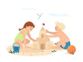 gelukkig kinderen spelen Aan kust zand strand geïsoleerd vlak illustratie. tekenfilm kinderen gebouw zand kasteel samen. zomer werkzaamheid en kinderjaren concept. jongen en meisje genieten van kust rust uit. vector