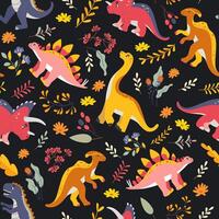 gekleurde naadloos herhalen patroon voor kinderen met schattig dinosaurussen, planten en bloemen Aan donker achtergrond. helder meisjes patroon met roze en geel dino. vector