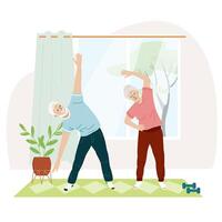 ouderen paar Doen gymnastiek opdrachten Bij huis actief volwassen Mens en vrouw genieten sport en gezond levensstijl samen. actief pensioen. vlak illustratie. vector