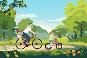 vader ritten fiets met de kind in de kind stoel. modern vader wielersport fiets met kind in openbaar tuin. familie vakantie. papa samen met dochter Bij vrije tijd buitenshuis. vlak illustratie vector