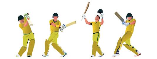 reeks van batsman spelen krekel Aan de veld- in een kleurrijk achtergrond illustratie vector