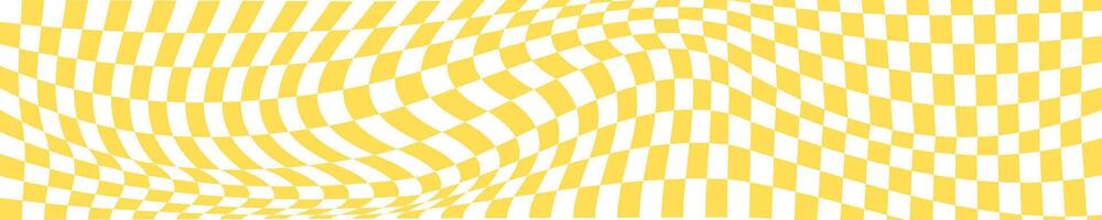 geruit wit en oranje schaakbord achtergrond met vervorming. psychedelisch patroon met kromgetrokken vierkanten. optisch illusie effect. trippy controleur bord textuur. vector