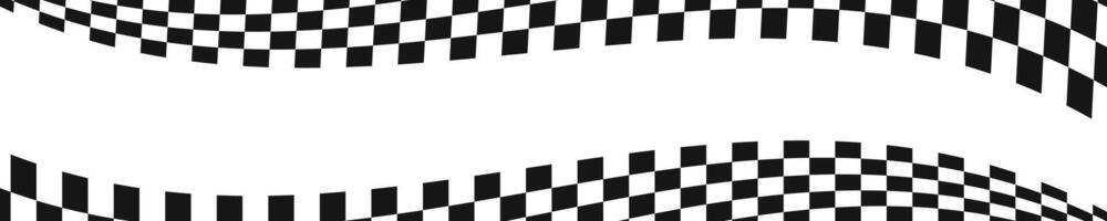 golvend ras vlaggen achtergrond met plas voor tekst. schaak spel of motorcross, rally wedstrijd behang. kromgetrokken zwart en wit pleinen patroon. geruit kronkelend textuur. vector