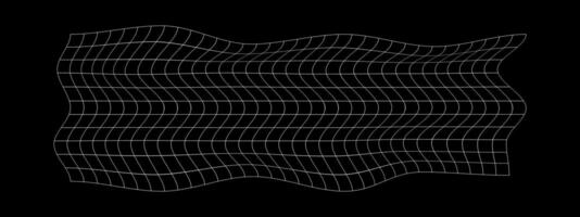 vervormd wit rooster Aan zwart achtergrond. kromgetrokken maas textuur. vis netto met gebogen effect. geruit patroon vervorming. gebogen traliewerk oppervlak. vector