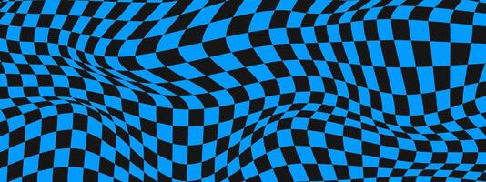 vervormd schaak bord achtergrond. psychedelisch patroon met kromgetrokken zwart en blauw vierkanten. trippy schaakbord textuur. geruit optisch illusie. vector