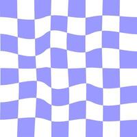 vervormd Purper en wit schaakbord achtergrond. gek schaakbord textuur. geruit optisch illusie. psychedelisch patroon met kromgetrokken vierkanten. hypnotiserend spel. vector
