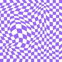 vervormd schaakbord oppervlak. geruit optisch illusie in 2yk stijl. psychedelisch duizelig patroon met kromgetrokken Purper en wit vierkanten. trippy schaakbord achtergrond. vector