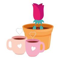 kopjes koffie met roze bloem in pot plant geïsoleerde icon vector