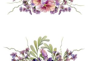 hand- getrokken waterverf illustratie botanisch Victoriaans bloemen bladeren. mauve viooltje altviool, sprinkhaan indigo tak, Bergenia heliotroop longkruid, ranken. kader geïsoleerd Aan wit. ontwerp bruiloft, kaarten vector