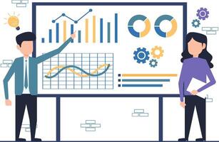 zakenman en zakenvrouw analyseren financieel gegevens Aan een whiteboard. vlak ontwerp illustratie vector