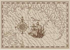 piraat schat kaart met oud schip en kompas in kader vector