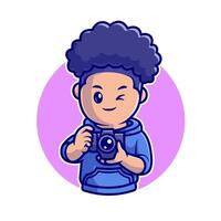 schattig jongen fotograaf Holding camera tekenfilm vector