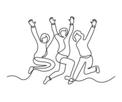 gelukkig groep van mensen springen, doorlopend een lijn tekening. vriendschap Dames, team werk, gezond levensstijl, succes concept. minimalistische gemakkelijk lineair stijl. schets illustratie vector