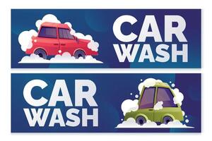 twee horizontaal reclame banners voor auto wassen. illustratie van een tekenfilm passagier auto met het wassen schuim en zeep bubbels. vector