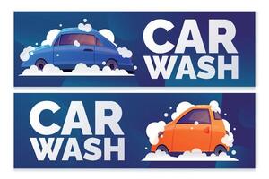 twee horizontaal reclame banners voor auto wassen. illustratie van een tekenfilm passagier auto met het wassen schuim en zeep bubbels. vector