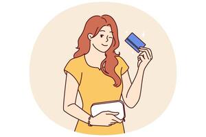 vrouw met bank kaart knipogen adviseren gebruik makend van betrouwbaar bank of credit Product met groot cashback vector