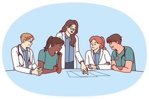 kliniek personeel ontmoeting, met artsen zittend Bij tafel en hoofd arts geven instructies vector