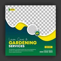 zakelijke modern gazon zorg tuin onderhoud voor sociaal media Hoes ontwerp sjabloon, landbouw en biologisch voedsel campagne post web banier, abstract groente, geel kleur vormen vector
