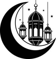 zwart silhouet van een Islamitisch moskee en halve maan met lantaarns vector