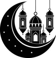 zwart silhouet van een Islamitisch moskee en halve maan met lantaarns vector