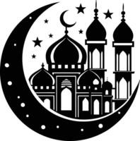 een zwart en wit silhouet van een moskee met een halve maan maan vector