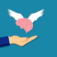 menselijk hand- met hersenen en Vleugels Aan blauw achtergrond vector