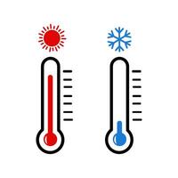 twee thermometers met sneeuwvlokken en een thermometer met een rood zon vector