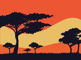 Afrikaanse zonsondergang achtergrond met bomen en gras vector