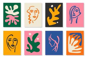 reeks van 8 matisse geïnspireerd muur kunst affiches, brochure, folder Sjablonen, hedendaags collage. biologisch lijn abstract patroon, hand- getrokken ontwerp, gemakkelijk behang. dynamisch vormen grafisch wijnoogst vector