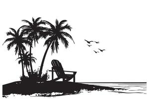 zomer tafereel met een strand stoel met klein palm bomen, en sunbird strand tijd, zomer vakantie zwart silhouet wit achtergrond vector
