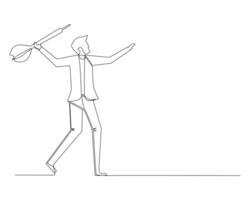 doorlopend lijn tekening van een jong zakenman proberen naar Gooi een drat pijl. de concept van volharding in bedrijf. vector