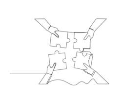 doorlopend single een tekening vier handen zijn zetten de puzzel samen. bedrijf groei strategie concept. ontwerp illustratie vector