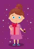 schattig klein meisje met geschenkdoos en cupcake vector