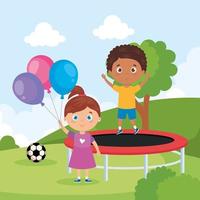 kleine kinderen in parklandschap met trampolinesprong en heliumballonnen vector