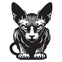 kat - een boos sphynx kat gezicht illustratie in zwart en wit vector