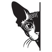 kat - een voorzichtig sphynx kat gluren gezicht illustratie in zwart en wit vector