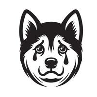 hond - een Siberisch schor hond bedroefd gezicht illustratie in zwart en wit vector