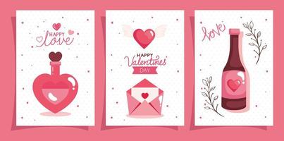 set kaarten van gelukkige valentijnsdag met decoratie vector