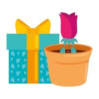 geschenkdoos met roze bloem in pot plant geïsoleerde icon vector