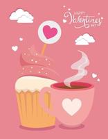 fijne valentijnsdag met cupcake en decoratie vector