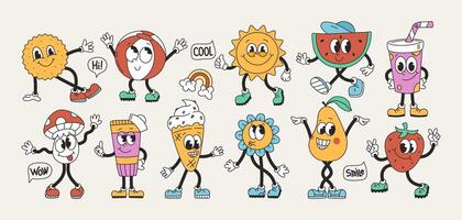 groot reeks van retro groovy karakters. grappig wijnoogst mascotte, elementen, voorwerpen, fruit, toespraak bubbel. tekenfilm illustratie vector