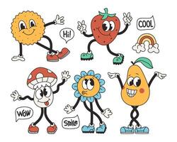 reeks van retro groef karakter. grappig wijnoogst mascotte bloem, koekje, fruit, toespraak bubbel. tekenfilm illustratie vector