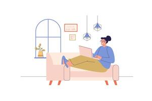 freelance werken web concept met mensen tafereel. vrouw werken van een afstand net zo ontwerper en maken taak gebruik makend van laptop terwijl zittend Bij sofa Bij huis. karakter situatie in vlak ontwerp. illustratie. vector