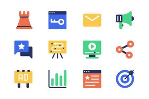 afzet concept van web pictogrammen reeks in gemakkelijk vlak ontwerp. pak van schaken, trefwoord, e-mail, reclame megafoon, terugkoppeling bericht, inhoud, koppeling, doelwit en ander. pictogrammen voor mobiel app vector